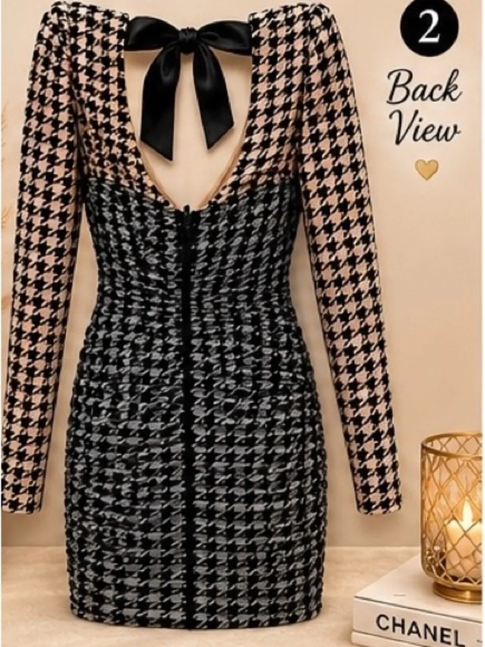 ASOS Black and Beige Houndstooth Long-Sleeve Bodycon Dress with Bow Back - Picture 3 of 6